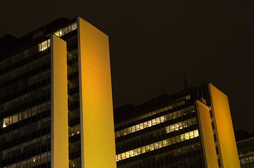 Yellow lit buildings